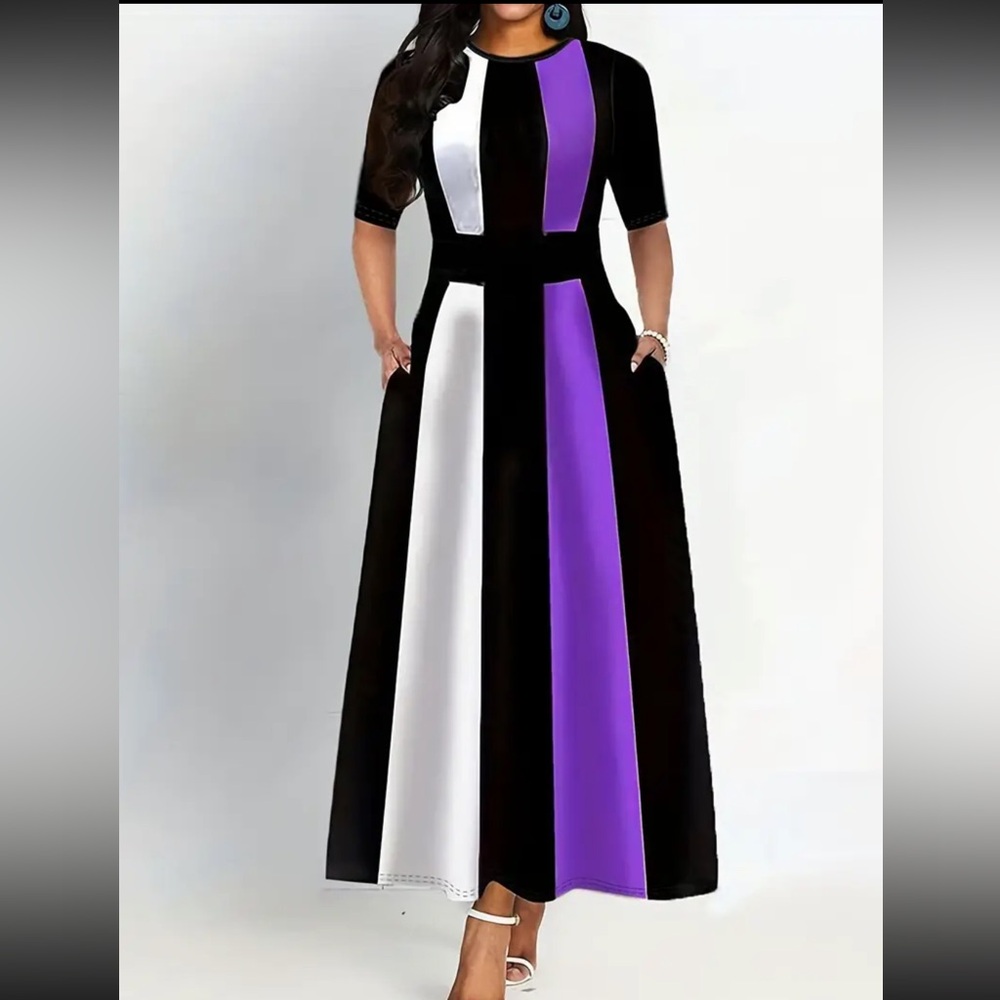 Color Block Crew Neck Maxi Dress, Short Sleeve